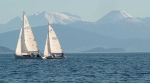 Sailing on Lake Taupo with Ruapehu and Ngauruhoe in the background