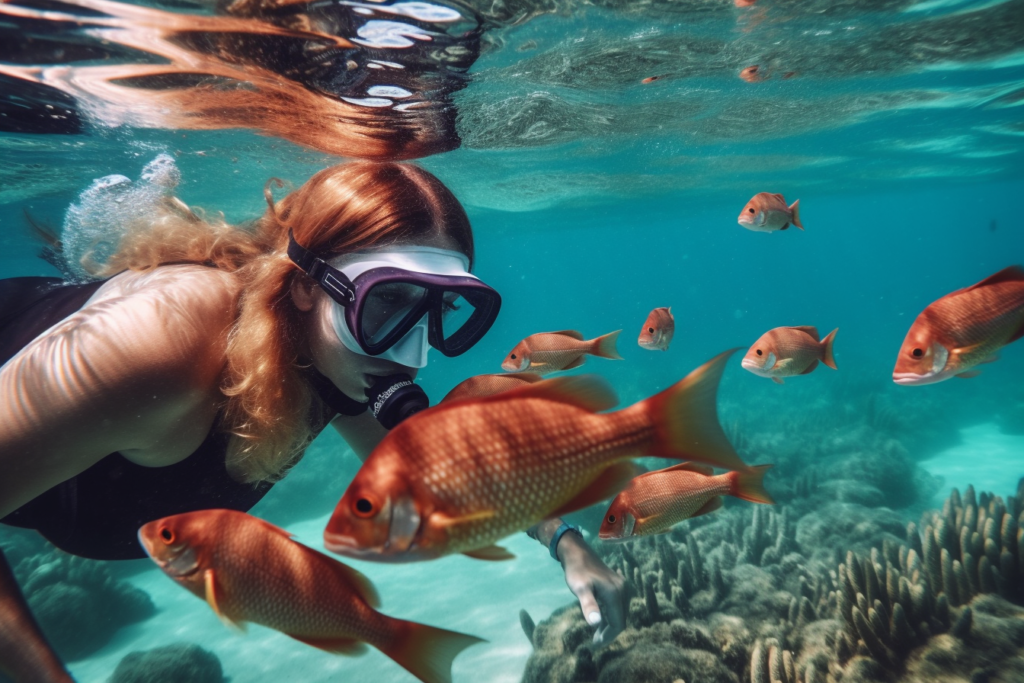 Illustration of a woman snorkelling with a Snapper
